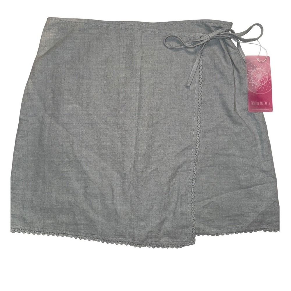 Fashion on Earth Blue Grey Cotton Wrap Mini Skirt Crochet Trim Womens Large NEW